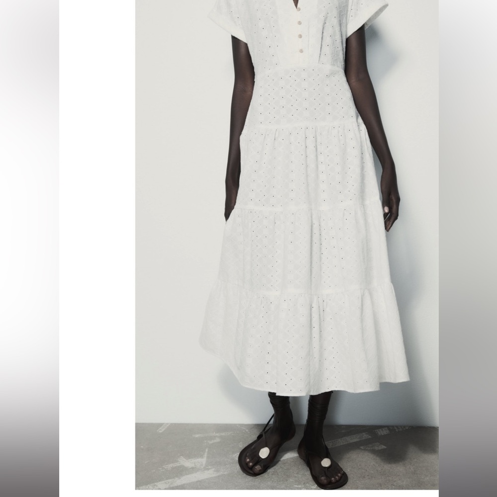 ZARA OPENWORK EMBROIDERED MIDI SHIRT DRESS - Picture 4 of 7